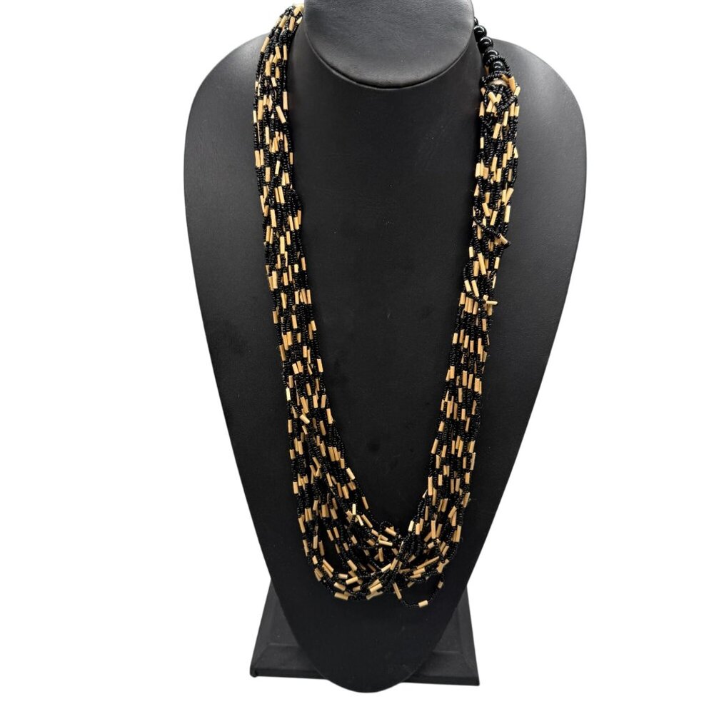 VTG Black Yellow Seed Beaded Multi-Strand Layered Necklace Boho Bohemian